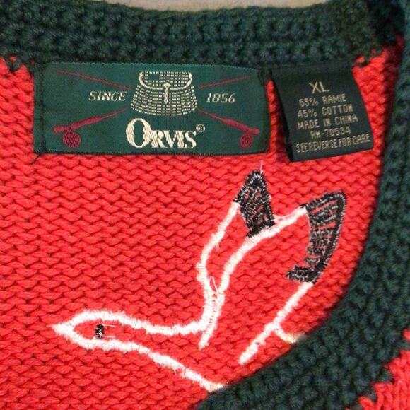Orvis Vintage Red Flying Geese Sweater W/Green Trim, Cat Tails Cardigan Size XL - Picture 5 of 8